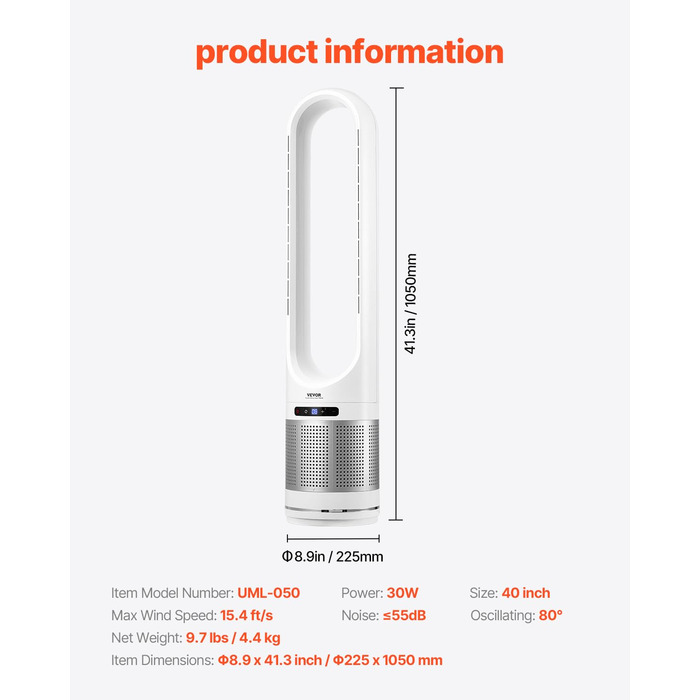 Турбо-вентилятор VEVOR без лопатей з HEPA-фільтром, 4.7 м/с, 8 швидкостей, осциляція 80°, таймер 8 годин, пульт ДК, режим очищення повітря