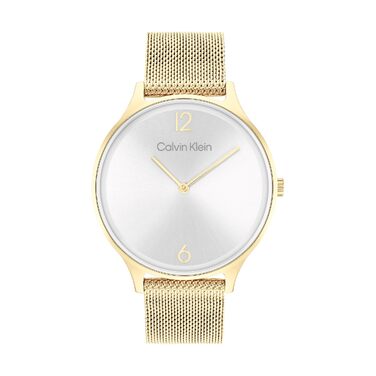 Жіночий аналоговий кварцовий годинник Calvin Klein Timeless Mesh 38mm, золотистий сталевий плетіний ремінець