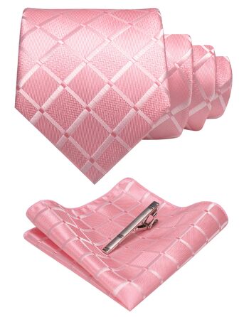Чоловіча краватка та хустинка до костюма JEMYGINS в клітку (Рожевий) + Затискач для краватки