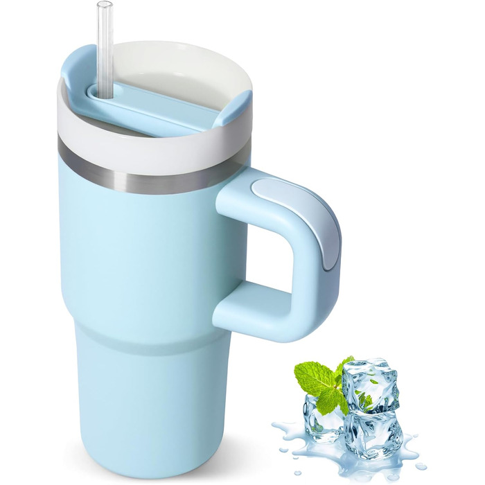 Термокружка ZAKVOP 410мл з соломкою, з кришкою та ручкою, для гарячих та холодних напоїв, блакитна