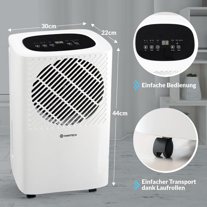 HANTECH Dehumidifier 10 Liters/Day Room Size 16m² Model: TECH10 - Timer, Anti-Mold and Humidity, Dry Laundry, Electric, Basement, Bathroom, Kitchen