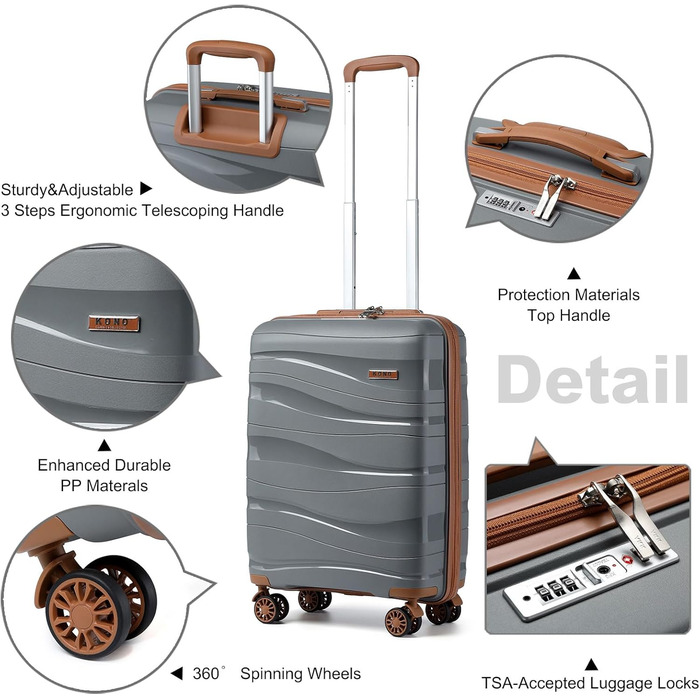 KONO Чемодан середнього розміру 65 см з поліпропілену, з TSA замком, 65x46x26.5 см (Крем-білий) (Сіро-коричневий), ручна поклажа