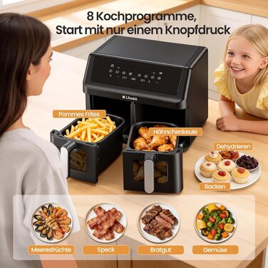 Аерофритюрниця LLIVEKIT 9L з двома камерами (2x4.5L), 8 програм, 4D конвекція, функція Sync-Finish, енергоощадна, чорна