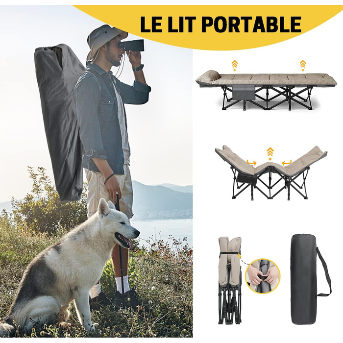 Складне кемпінгове ліжко ATORPOK для дорослих, міцне, до 250 кг, для відпочинку на природі, кемпінгу, подорожей, дому (Хакі)