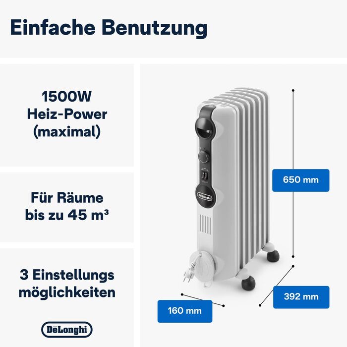 Радіатор De'Longhi Radia-S TRRS0920 – 1500 Вт, регулювання температури, захист від замерзання (7 елементів)