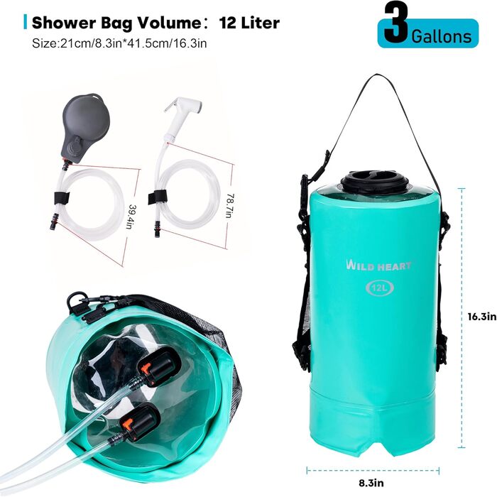 WILD HEAT Camping Shower 12L Portable Shower for Camping with Foot Pump and Shower Bag Backpack for Camping (12L, Turquoise)