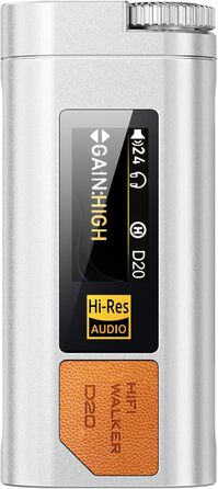 HIFI WALKER D20 DAC512: Портативний підсилювач/ЦАП для навушників – USB ЦАП Hi-Res аудіо з 4.4 мм балансним та 3.5 мм виходом, ES9038Q2M + CT7601PR, підтримка PCM 768 кГц/DSD512, алюміній, OLED дисплей, сріблястий