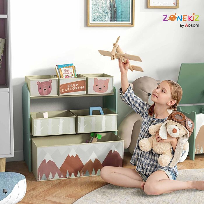 Дитяча ігрова полиця ZONEKIZ з 6 знімними коробками з флісу, органайзер для іграшок у дитячу кімнату, 63x30x66 см, зелений