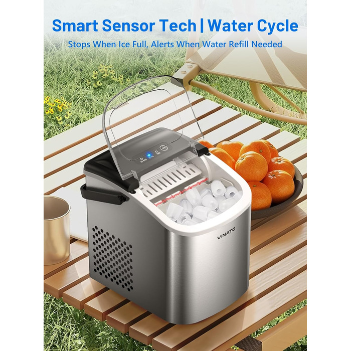 Машина для приготування льоду VINATO, компактна, 9 кубиків за 6-8 хвилин, портативна, продуктивність 12 кг/24 год, тиха робота, з лопаткою та кошиком для кухні, офісу, бару та вечірки, срібна