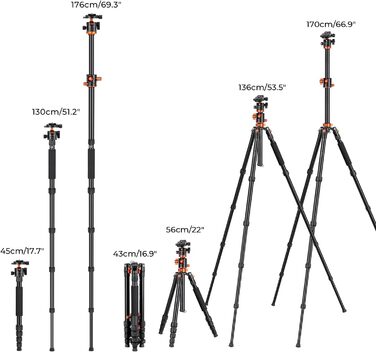 Штатив для камери K&F Concept 170см, T255A4(TM2515T1) з кульковою головкою 360° та функцією однонога штатива, 1/4'' гвинт, компактний туристичний штатив, помаранчевий