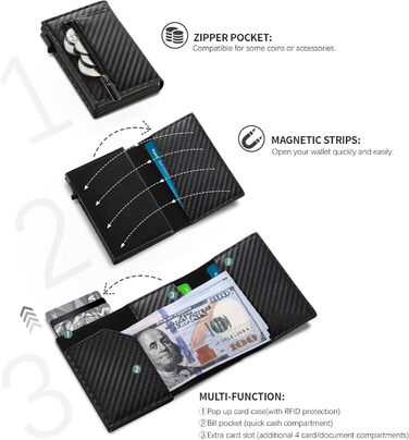 Чоловічий гаманець TENBST - картхолдер ультратонкий з RFID захистом, 10 відділень для карток, вікно для ID, преміум карбон, чорний