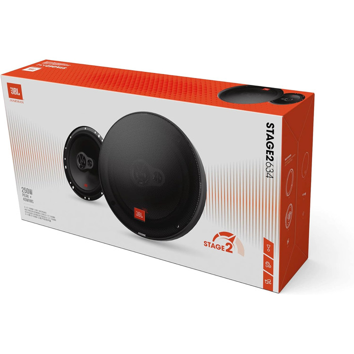 Автомобільна акустика JBL Stage2 634, 3-смугові динаміки Harman Kardon, 250 Вт, 16,5 см (6,5''), комплект 2 шт.