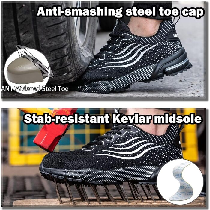 Зручні робочі черевики ISOOUS з металевим носком. Чоловічі та жіночі, чорні, дихаючі, антиковзкі. 43 EU