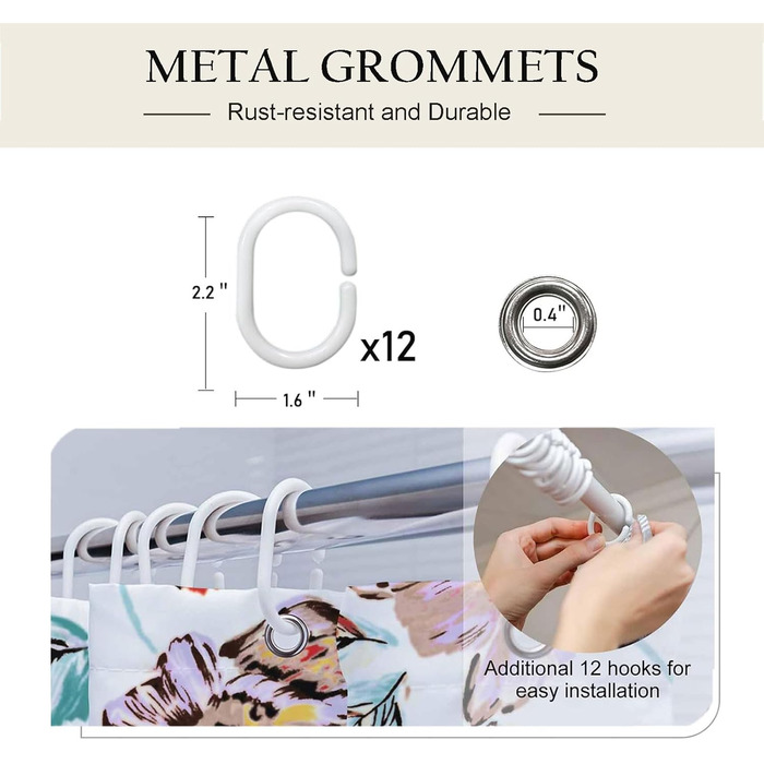 Штора для душу 180x180 см з квітами, антигрибкова, водонепроникна, поліестер, з кільцями (12 шт.)