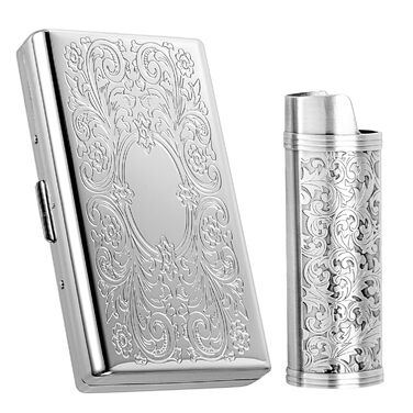 Вінтажне металеве тютюнотримач для сигарет з запальничкою J6, вміщує 12 шт. сигарет (100 мм), органайзер для RFID-карт та грошей (срібний)