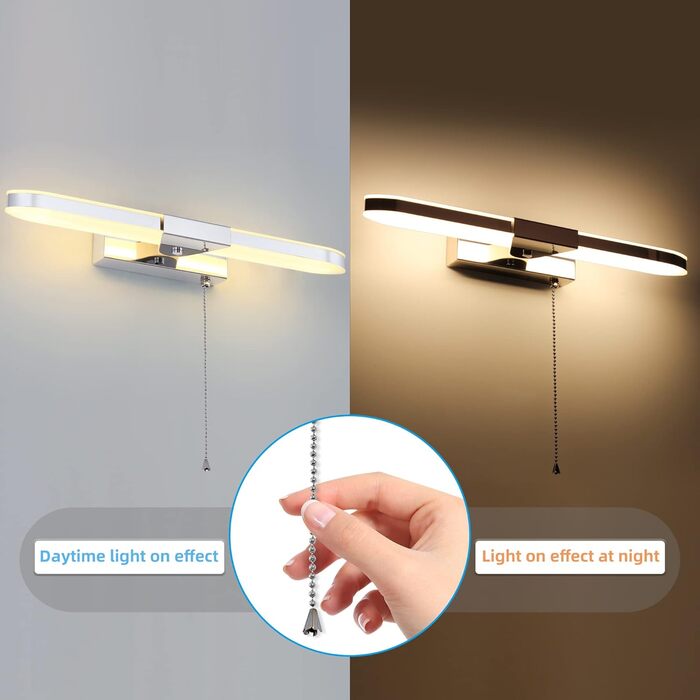 MantoLite LED Bathroom Wall Light with Pull Cord, 40CM Picture Display Lamp Mirror Lighting Wall Sconce for Hotel Restaurant Modern Reading Lamps, 8W 3000K Stainless Steel Acrylic Lighting