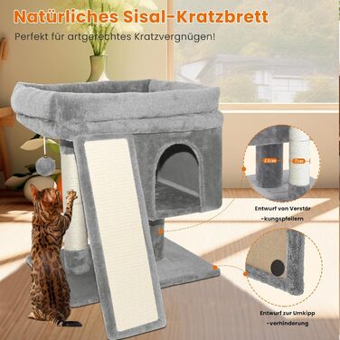 Дряпальня для котів великих порід, 60 см, сірий, з платформою, сизаль, пандус, будиночок, м'ячики, щітка