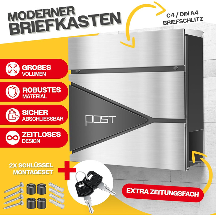 Поштовий ящик KESSER з газетницею, нержавіюча сталь, сріблясто-антрацитовий, з 2 ключами, настінний, з м'яким закриттям кришки, з кріпленням