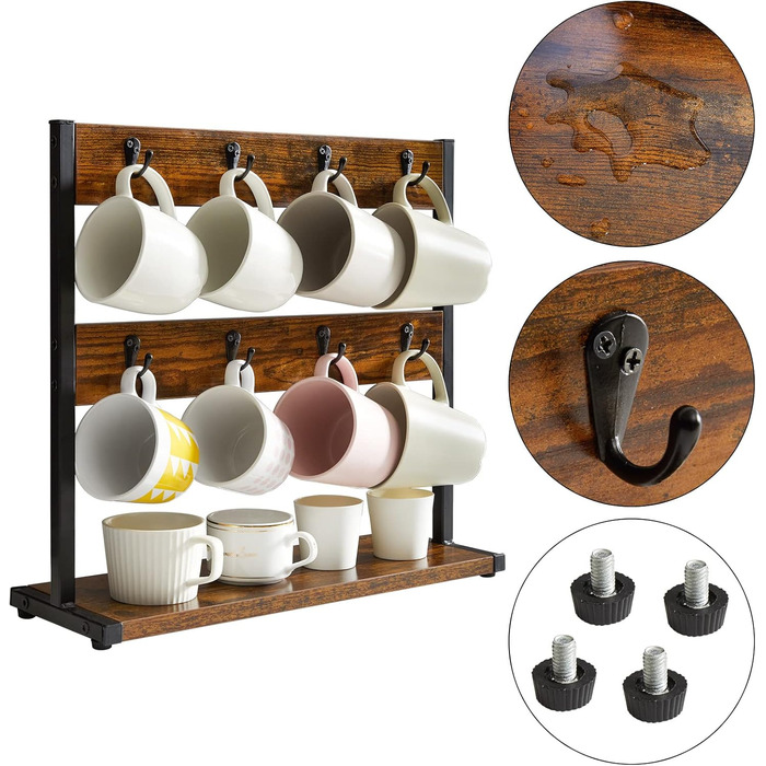 Vintage Mug Holder with 8 Hooks, Coffee Cup Holder for Countertop, Cup Stand with Storage Bottom, for Kitchen Dining Room Cafe 40 x 15 x 40 cm, TBJ002H (without shelf, Vintage Brown)