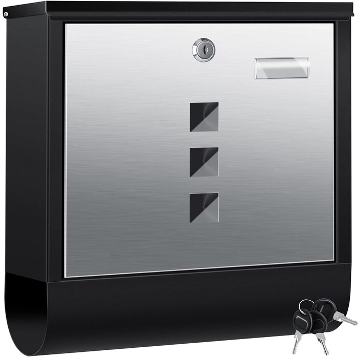 Поштова скринька KESSER® з газетницею та іменним шильдиком, нержавіюча сталь, матова, з оглядовим вікном, 3 ключі, порошкове покриття, настінний монтаж, велика, з матеріалом для монтажу (Чорний / Срібний)