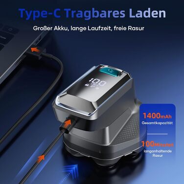 Машинка для гоління голови чоловіча Kensen 7D водонепроникна, з магнітною насадкою, Type-C, 8100/8600 об/хв, сіра