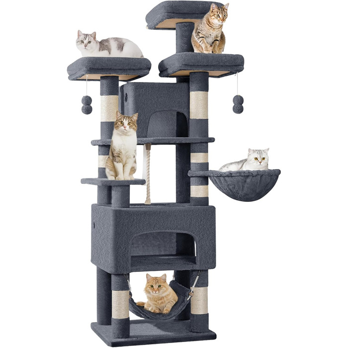 Кігтеточка для котів Hzuaneri, 176 см, XL, 3 платформи, 2 печери, 7 кігтеточних стовпів, гамак, плюшеві кульки, для багатокотових домівок, темно-сірий MS17618SG