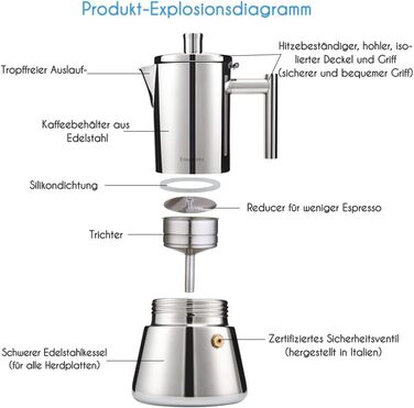 Easyworkz Diego Espresso Maker for Stove, Stainless Steel, Italian Coffee Machine, Moka Pot for 6 Cups, 300 ml Espresso Pot for Induction Silver