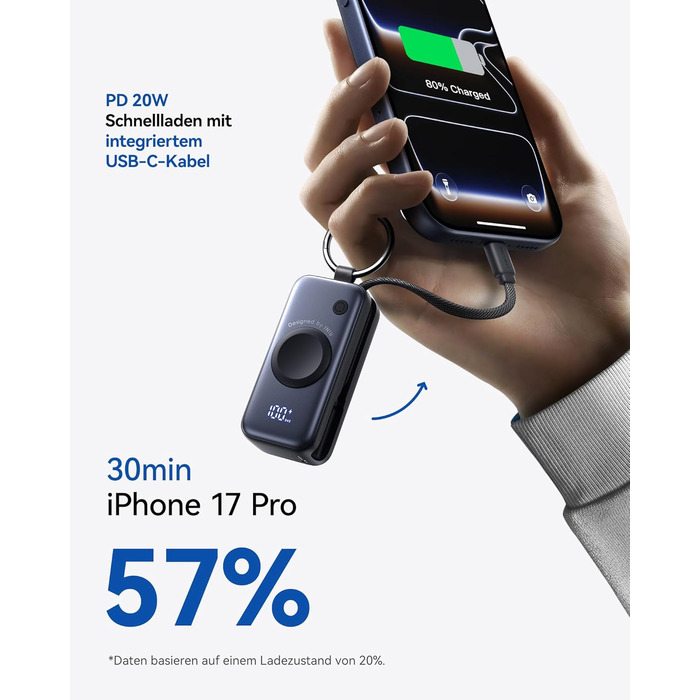 Power Bank INIU для Apple Watch, 5000mAh, вбудований кабель, LCD-дисплей, сумісний з iWatch 10/9/8/Ultra2/Ultra/SE, iPhone 16/15 (Чорний)