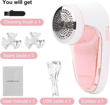 Електричний видальник ворсу для одягу та в'язаних виробів з USB-кабелем та 2 змінними лезами (рожевий)