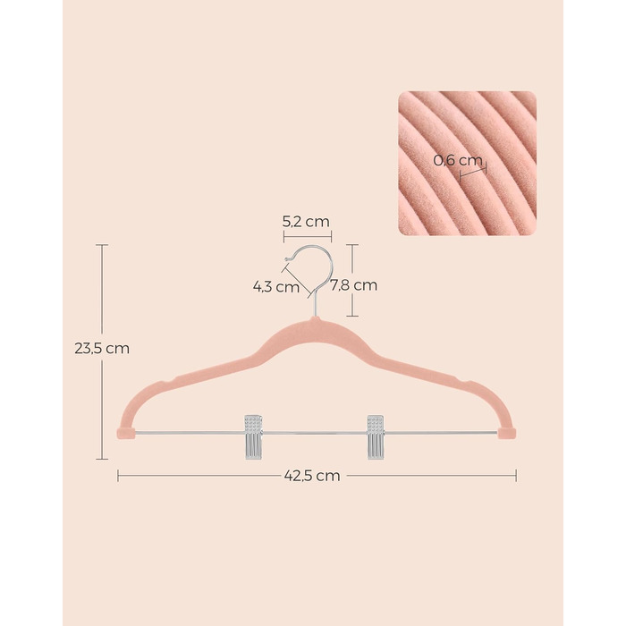 SONGMICS Velvet Clothes Hangers, 10-Piece Set, Skirt Hanger, 42.5 cm wide, with adjustable clips, non-slip, space-saving, for pants, coats, dresses, Light Pink CRF012R10