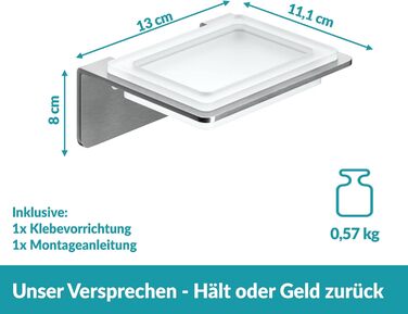 WEISSENSTEIN Soap Dish Wall Mount No Drilling - Glass Soap Holder with Self-Adhesive Stainless Steel Bracket - For Bathroom and Kitchen