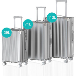 Набір валіз Voyagoux 3 в 1: 39L, 71L, 113L, з жорстким корпусом, TSA-замком, ABS, 4 колеса 360°, сріблясті, міцні та легкі