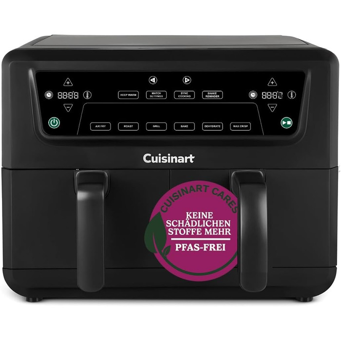 Фритюрниця Cuisinart XXL 10.4L з двома зонами, без PFAS та хімікатів, для смаження, гриля, випікання, дегідратації та підтримання тепла, 2 камери (2 x 5.2L), 8+ порцій, знімні деталі придатні для миття в посудомийній машині, чорний колір