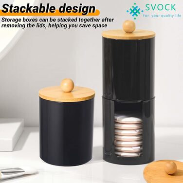 Диспенсер для ватних паличок та ватних дисків, чорний, 3 шт. - органайзер для ватного диска, бамбук, акрил