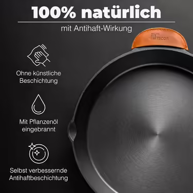 TECOR Gusseisenpfanne Induction - honed, universal, natural - Durable Cast Iron Induction Pan - Non-stick Cast Iron Induction Pan, simply top quality - Cast iron pan induction (24 cm, Honed Cast Iron)