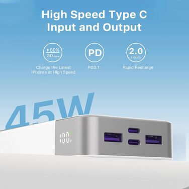 Power Bank JUOVI 20000mAh з швидкою зарядкою 45W, 2xUSB-C, 2xUSB-A, LED-індикатор, для телефону, ноутбука, планшета - білий J2621