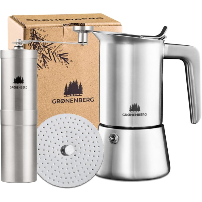 Espresso Maker | High-Quality Espresso Maker Suitable for Induction Made of High-Quality Stainless Steel | Moka Pot for Coffee Lovers (6 Cups + Coffee Grinder)