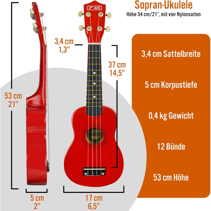 Укулеле 3rd Avenue Sopran 21' (54 см) – Початковий набір: чохол, підставка, ремінь, струни, медіатор та наклейки на гриф – Натуральний колір – Безкоштовні онлайн уроки для початківців