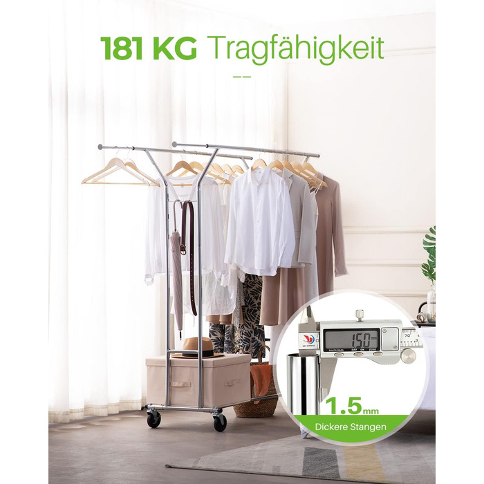 HOKEEPER Heavy-Duty Clothes Rack, Commercial Grade, Up to 181 kg (400 lbs) Load Capacity, Extendable Clothes Rod on Wheels, Durable Double Rails for Hanging Clothes, Silver