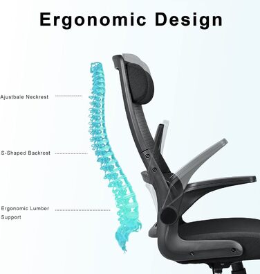 Ергономічне крісло для офісу з регульованою підголовником, офісне крісло з сітки, відкидні підлокітники, широке сидіння, функція гойдання, комп'ютерне крісло EN 1335, офісне крісло 200 кг, чорне
