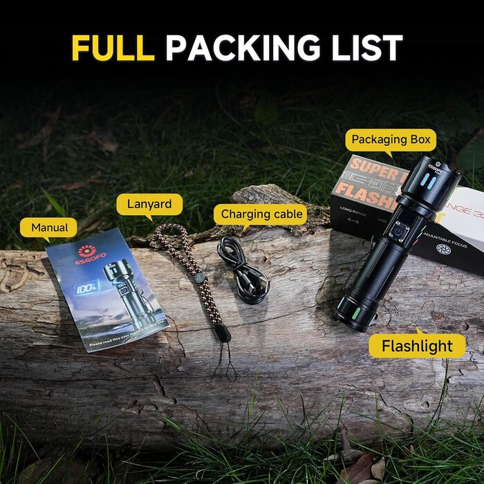 LED ліхтар Esgofo 500000 люменів, перезарядна, екстремально яскрава, 15 годин роботи, USB-C, дальність 1000м, регульований фокус та режими світла, для активного відпочинку та безпеки