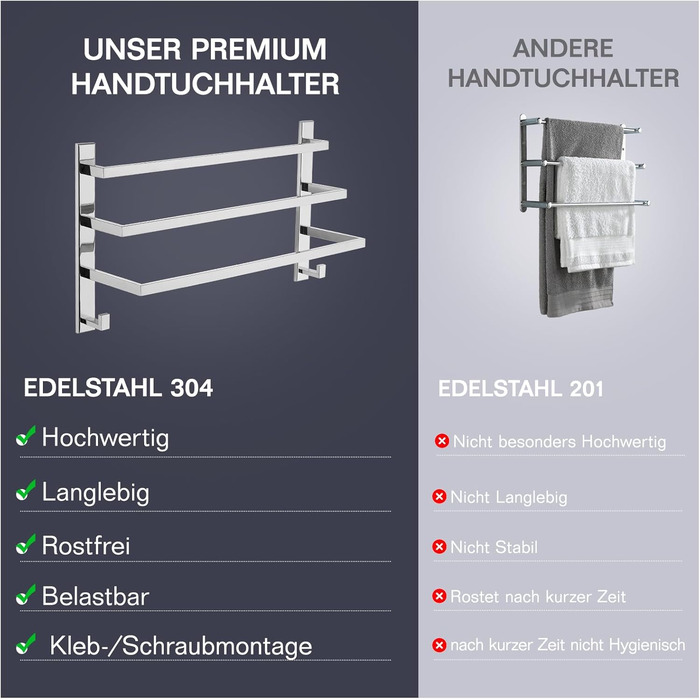 Тримач для рушників без свердління для ванної кімнати | Без бактерій | Прихований кріплення | Тримач рушників з гачками - нержавіюча сталь SUS 304, нержавіюча сталь, полірована | з дзеркальним покриттям