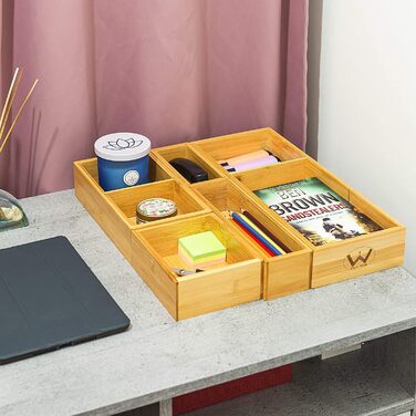 Bamboo Drawer Organizers, 5-Piece Set, with Various Compartments and Removable Dividers, Set of 5 Sturdy Wooden Storage Boxes with Extra Foot Pads for Home and Office