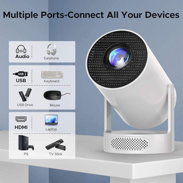 Портативний проєктор Mini Beamer з динаміком: 1080P/4K, WiFi 6, Bluetooth 5.0, автоматичне корегування трапецеїдальних спотворень, 220° обертання, для домашнього кінотеатру та використання на вулиці