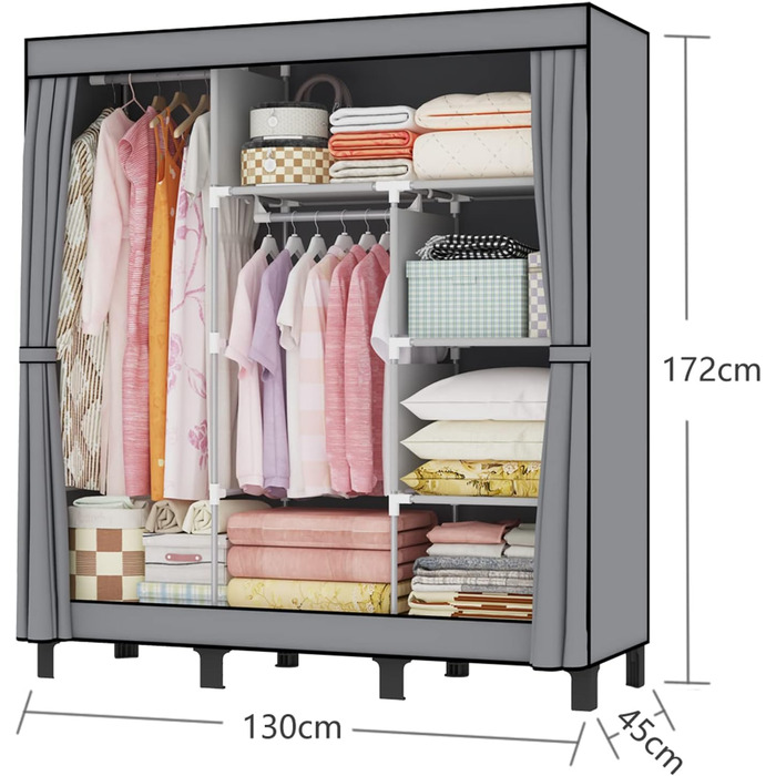 LOEFME Wardrobe, cloth wardrobe with 2 sturdy clothes rails, fabric clothes closet with shelves, open foldable clothes rack, storage for the bedroom, 172 x 130 x 45 cm (Grey)