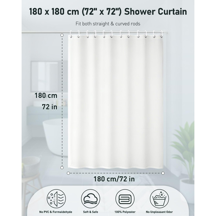 Шторка для душу Uniclife, біла, 180x180 см, тканинна, водонепроникна, з 12 гачками, з обтяженим краєм, для ванни