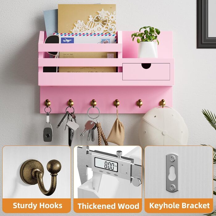 Настінна органайзер для ключів з 6 гачками та шухлядою, дерев'яна полиця для ключів, ключниця на стіну, для дому, офісу, прихожої (білий) (Рожевий - 02)