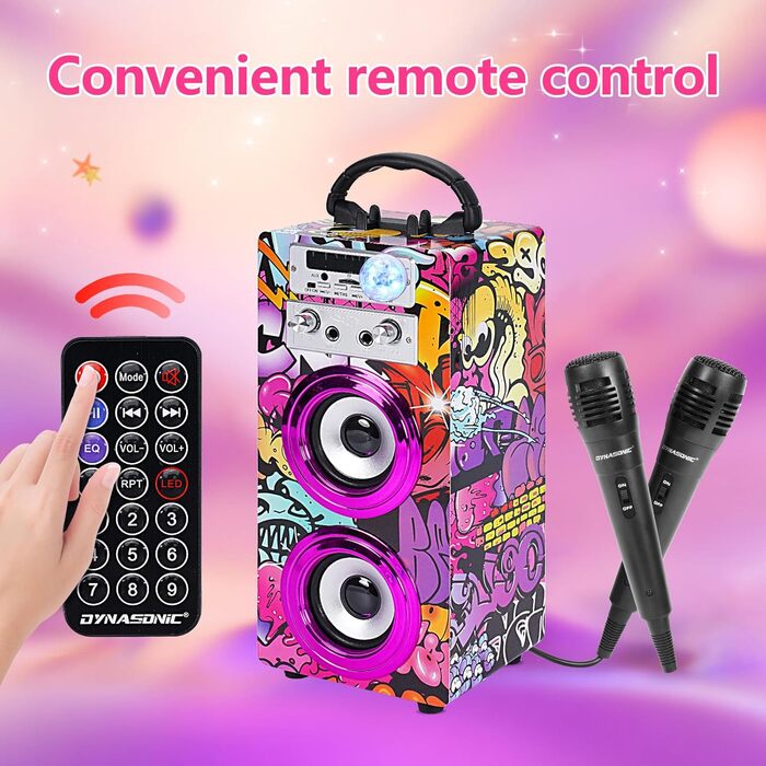 Караоке DYNASONIC з 2 мікрофонами, портативна караоке-машина, Bluetooth-колонки, USB та SD-картрідер, світлові ефекти, подарунок для дітей 5-13 років (025-12 Licht)
