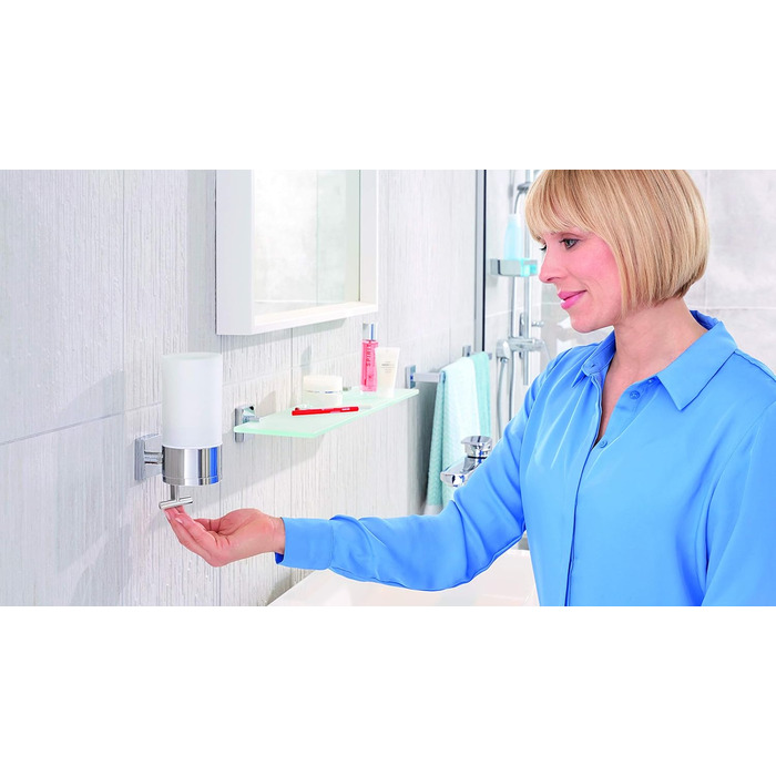 tesa DELUXXE Soap Dispenser Set, Frosted Glass and Chrome-Plated Metal - Wall-Mountable Liquid Soap Dispenser without Drilling, incl. Adhesive Solution - 73mm x 192mm x 115mm
