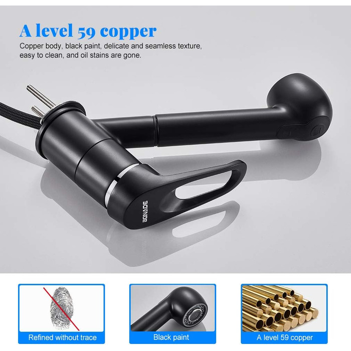 Висувна кухонна змішувач BONADE з двома виходами для води, поворотна на 360°, чорний